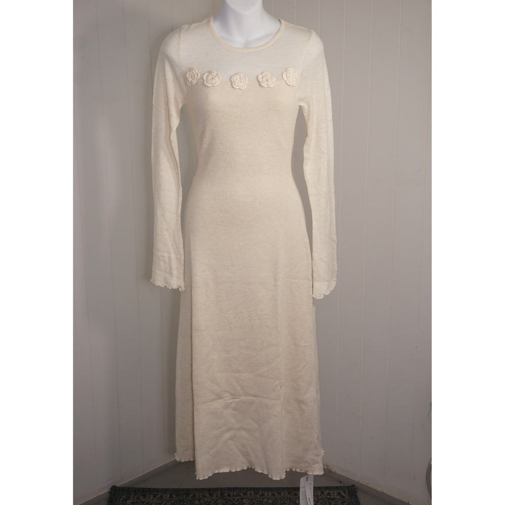 Merokeety Size Small Cream Ribbed Knit Long Sleeve Maxi Dress With Rosettes